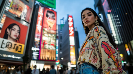 Obraz premium Model poses in stylish outfit against vibrant nightlife backdrop in Tokyo's bustling streets during evening hours