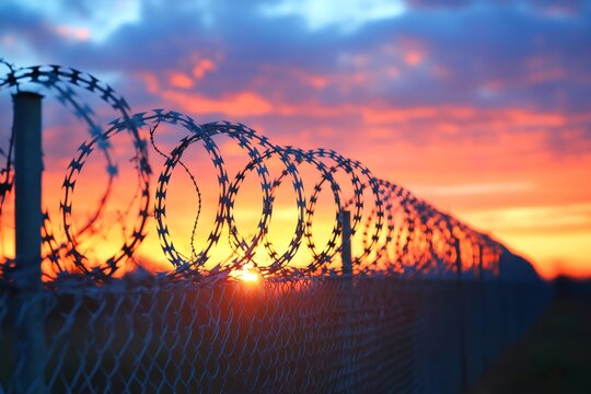 Barbed wire fence protecting property during sunset creating nostalgic atmosphere