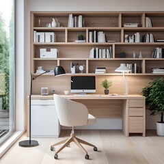 Interior View of a Modern Library Oak and White Furniture