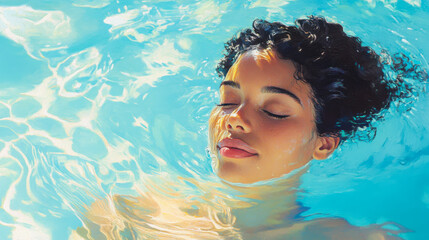 Young woman enjoys a relaxing moment while floating in a crystal-clear swimming pool on a sunny day