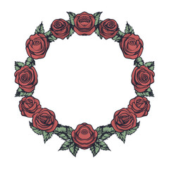 Hand drawn rose circle frame vector with white background 