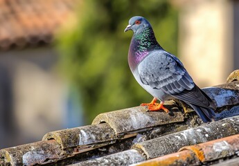 Vibrant Pigeon Perched on Rustic Rooftop Surrounded by Blurred Natural Background and Warm Sunlight