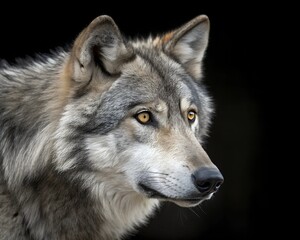 Gray wolf portrait in the snow with piercing eyes