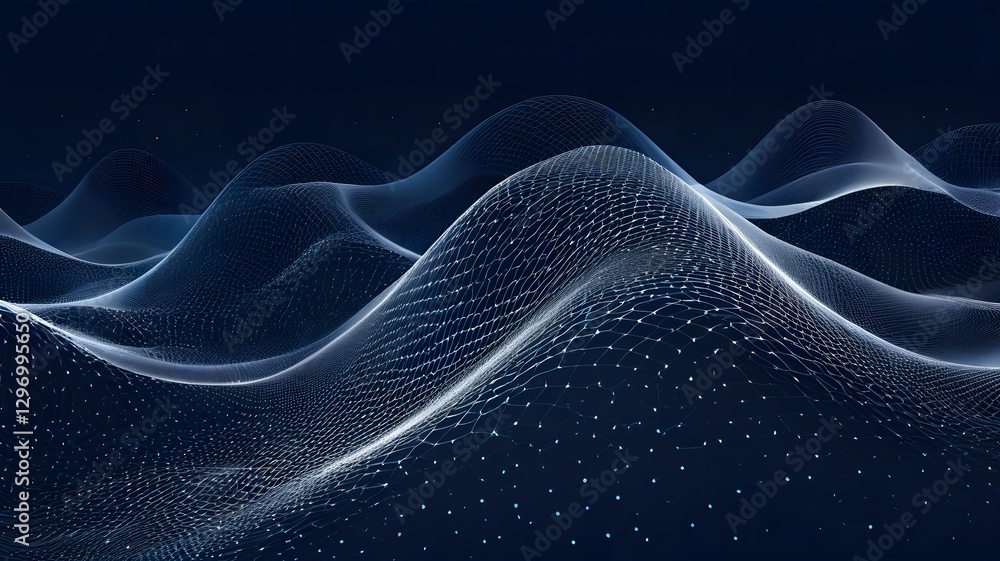 Poster abstract futuristic blue wave with moving dots. the flow of particles with glitch effect. ideal grap
