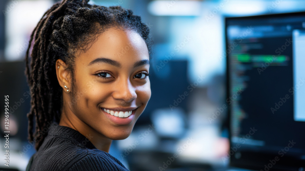 Poster young woman smiles at the camera while working on a computer in a modern tech environment