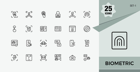Biometric icon set. Icons identification, fingerprint, detect, scan and more. Outline icon. Editable stroke icon collections. Set-1