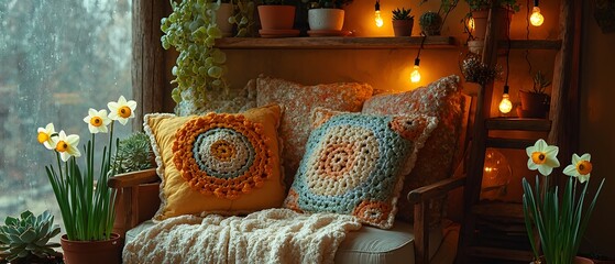 An inviting indoor area showcases vibrant cushions arranged on a comfy seat surrounded by potted plants and gentle lighting, creating a tranquil atmosphere at dusk.