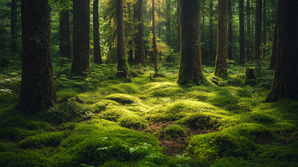 Obraz premium Serene green forest landscape with lush moss covered ground sunlight trees calm wild shade nature