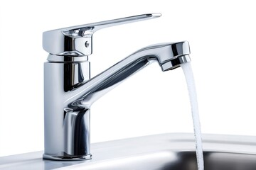 Modern chrome faucet pouring fresh water into stainless steel sink