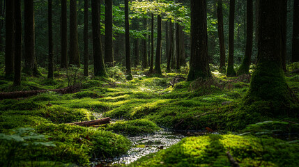Obraz premium Sunlit green mossy forest path tranquil nature scene lush greenery sunlight beams dark trees image