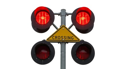 A railroad crossing sign with flashing red lights, isolated on a white background