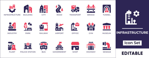 Infrastructure icon set. Featuring estate, governance, education, government, graphic, and public utilities.