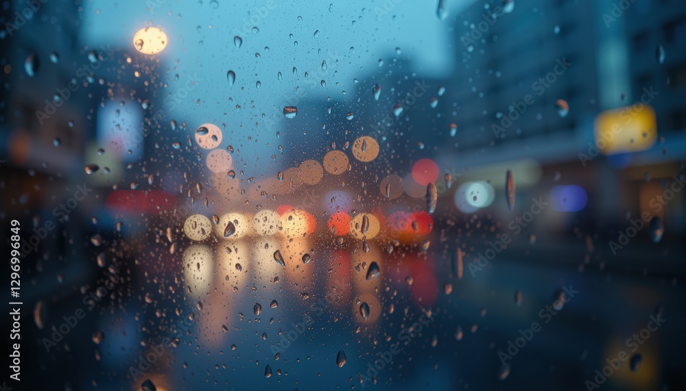 Poster bokeh city lights and raindrops on a window pane creating a nighttime abstract scene