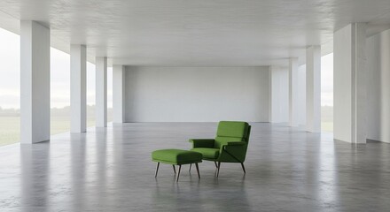 Fototapeta premium A solitary green armchair and ottoman sit in a spacious, minimalist white room with tall columns and large windows offering a blurred view of a green landscape.