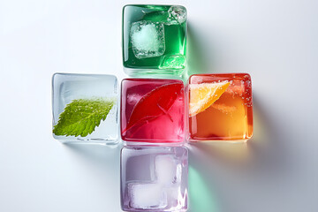 Colorful Ice Cubes: A vibrant composition of colorful ice cubes, each containing a unique infusion of fruits and herbs, showcasing a refreshing and visually appealing display.
