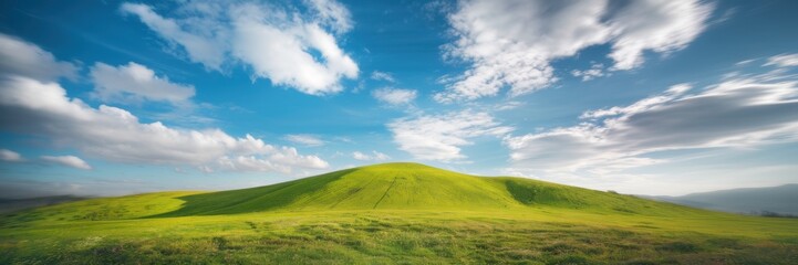 Obraz premium A bright green hill under a bright blue sky dotted with fluffy white clouds. The hill has a gentle slope and is covered with grass. A banner with space for the text.