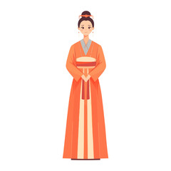 A Standing Woman Wearing Traditional East Asian Clothing Attire