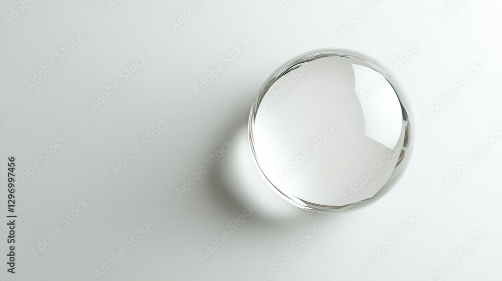 Poster clear glass sphere resting on a smooth surface with natural light highlighting its transparency and 