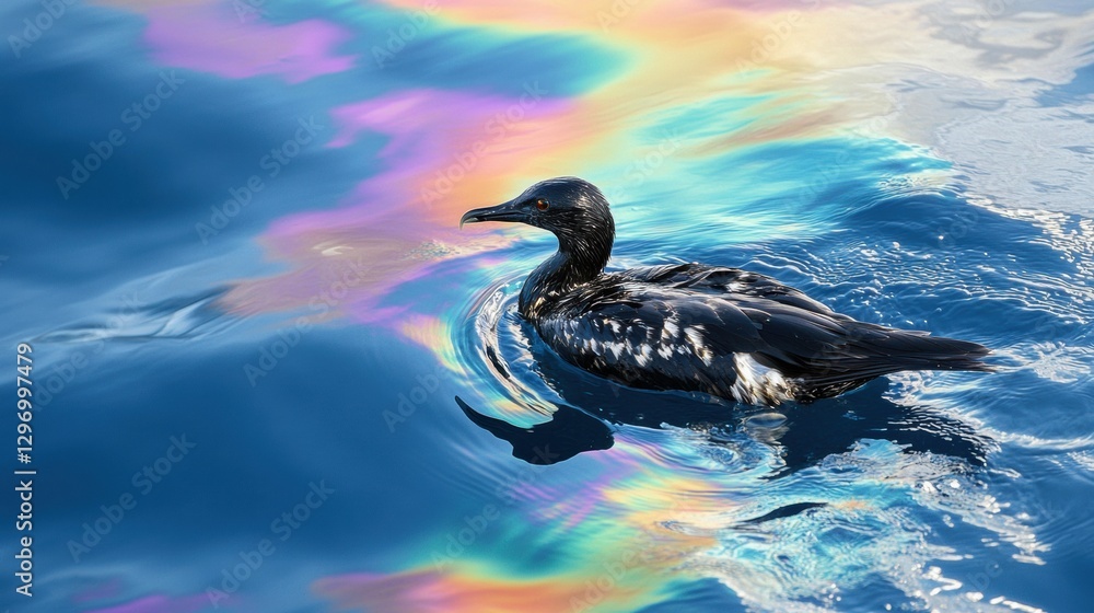 Poster seabird struggles in oil spill with rainbow sheen on ocean surface near coastline. generative ai