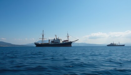  Ship Cruising Through Rough Seas with Waves Crashing Against the Hull at Sunset