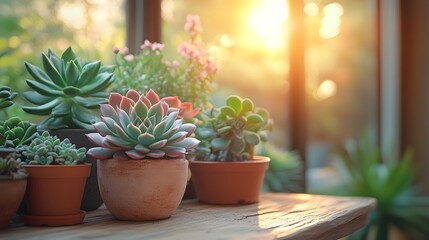 Artful Indoor Oasis: A Display of Colorful Potted Succulents on a Handcrafted Wooden Table Under Warm Sunlight