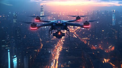 A drone with advanced radar and communication systems hovers over a vibrant urban landscape at twilight, capturing data and monitoring activity as city lights illuminate the streets below