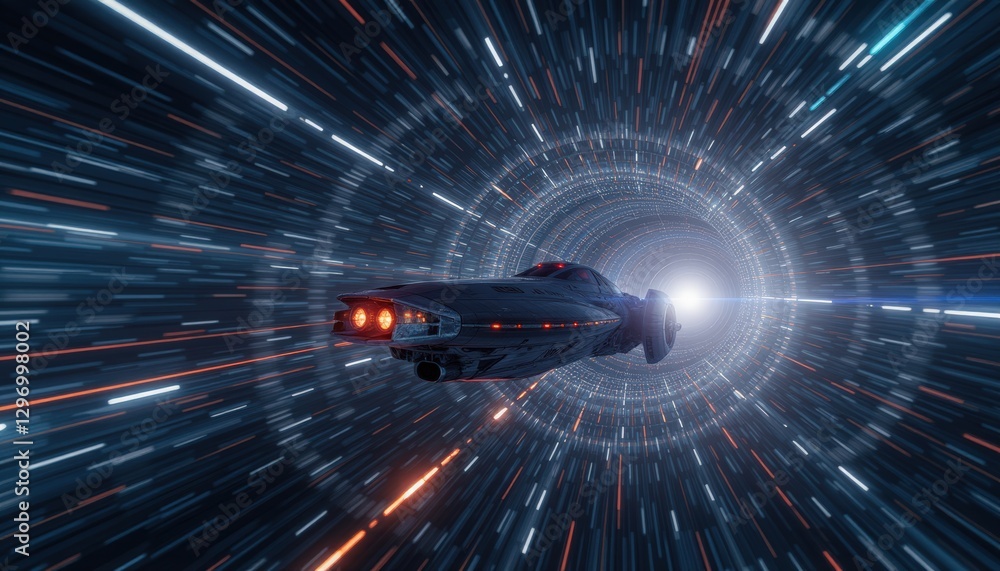 Poster spacecraft zooming through a wormhole with light trails showing hyperspace travel