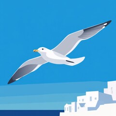 Fototapeta premium A seagull soaring gracefully against a clear blue sky, overlooking a coastal village.
