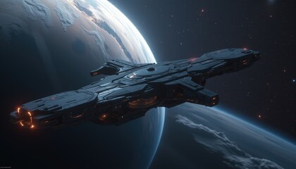 Obraz premium Spacecraft Approaching a Space Station with Earth's Horizon in View