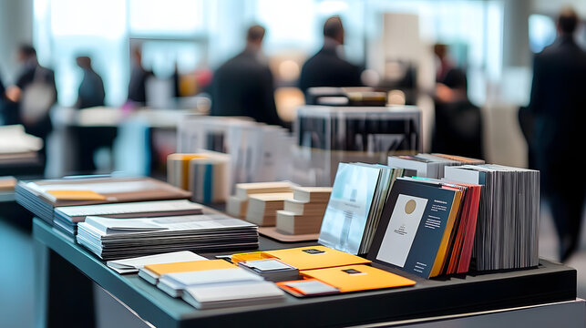 A display of notebooks, brochures, and printing materials set on a table at a professional event, with attendees in the background.