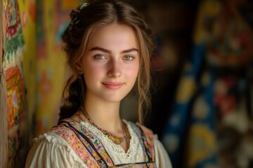 Naklejka premium Young woman wearing traditional clothes smiling in a rustic house