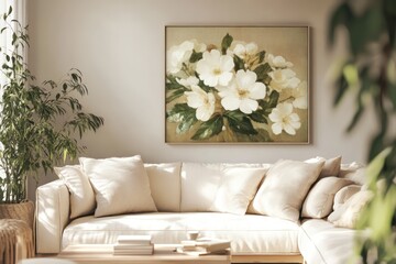 A living room with a painting and sofa is depicted