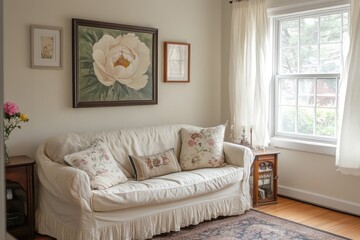 A cozy living room with furniture and floral accents