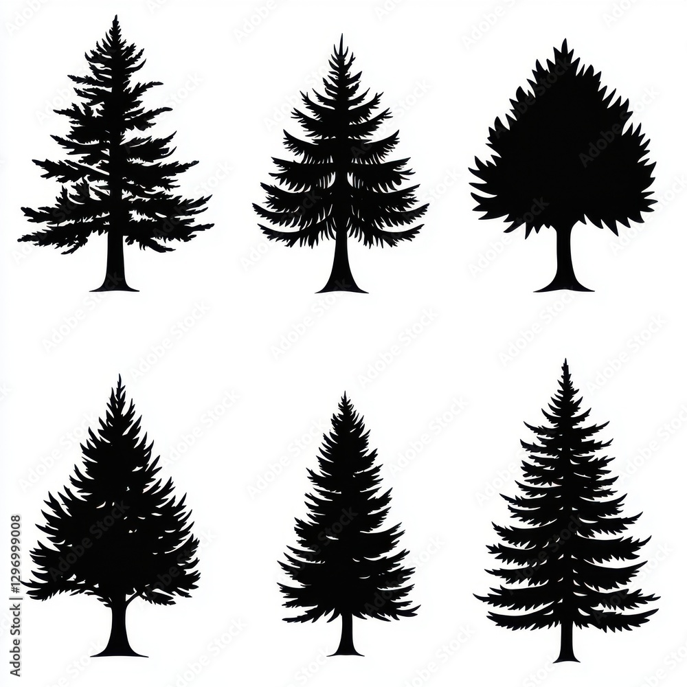 Poster silhouettes of various evergreen trees creating a striking pattern on a white background.