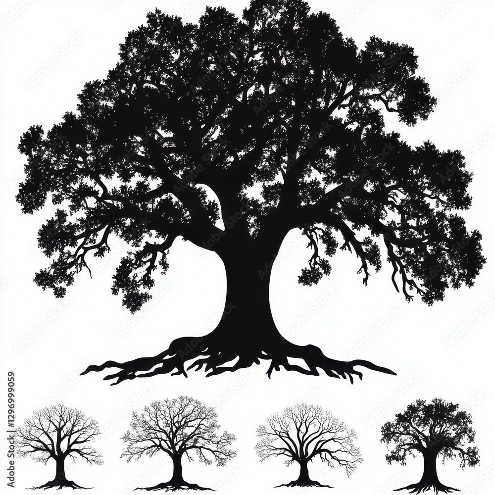 Poster silhouette of a majestic tree displaying intricate branches and roots in a minimalist style.