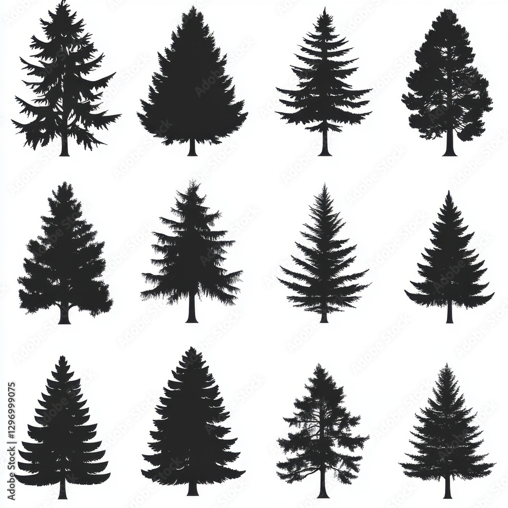 Poster a collection of twelve different silhouettes of evergreen trees in various sizes and shapes.