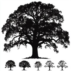 Fototapeta premium A majestic silhouette of a large oak tree, showcasing its intricate branches against a white backdrop.