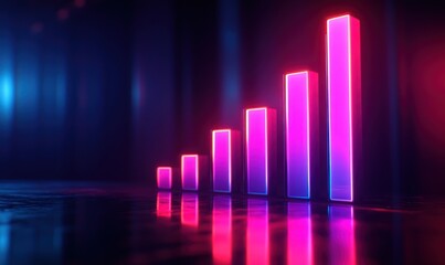 Neon bar graph rising; abstract growth, dark background; financial success