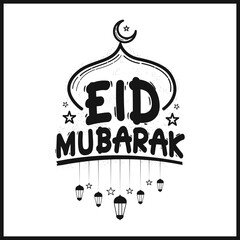 Eid mubarak vector illustration with black color hanging lantern moon and star stroke line.