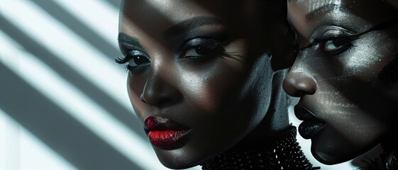 Elegant portrait of two women with striking makeup and dramatic lighting. Bold shadows create an artistic and mysterious atmosphere.