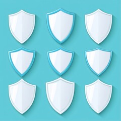 A collection of nine glossy shield icons in various blue tones on a teal background.