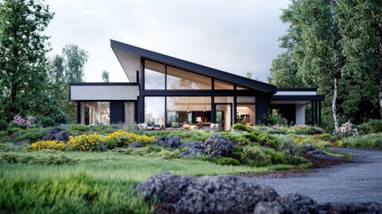 Obraz premium Modern house, forest setting, landscaped yard, evening light, architectural design
