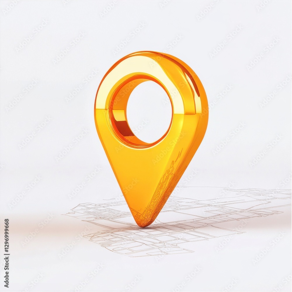 Poster a glossy orange location pin icon on a minimalist background, symbolizing navigation and mapping.