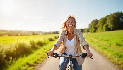 Vitrage gordijnen Joyful middle-aged woman cycling through scenic countryside path, adventure © Nii_Anna