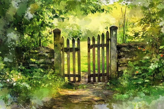 An open wooden gate invites passage into a sunlit garden scene