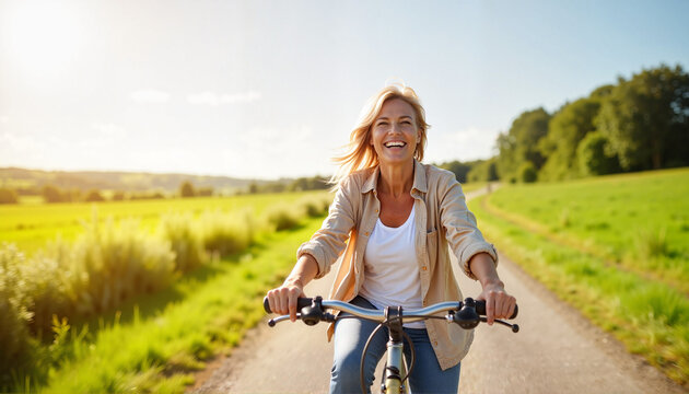 Joyful middle-aged woman cycling through scenic countryside path, adventure