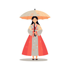 A Smiling Woman Holds An Umbrella Wearing Traditional Garments Beautifully