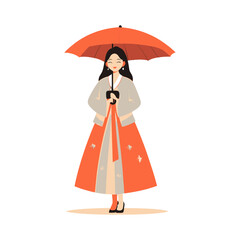 A Beautiful Smiling Woman Holding An Orange Umbrella Happily