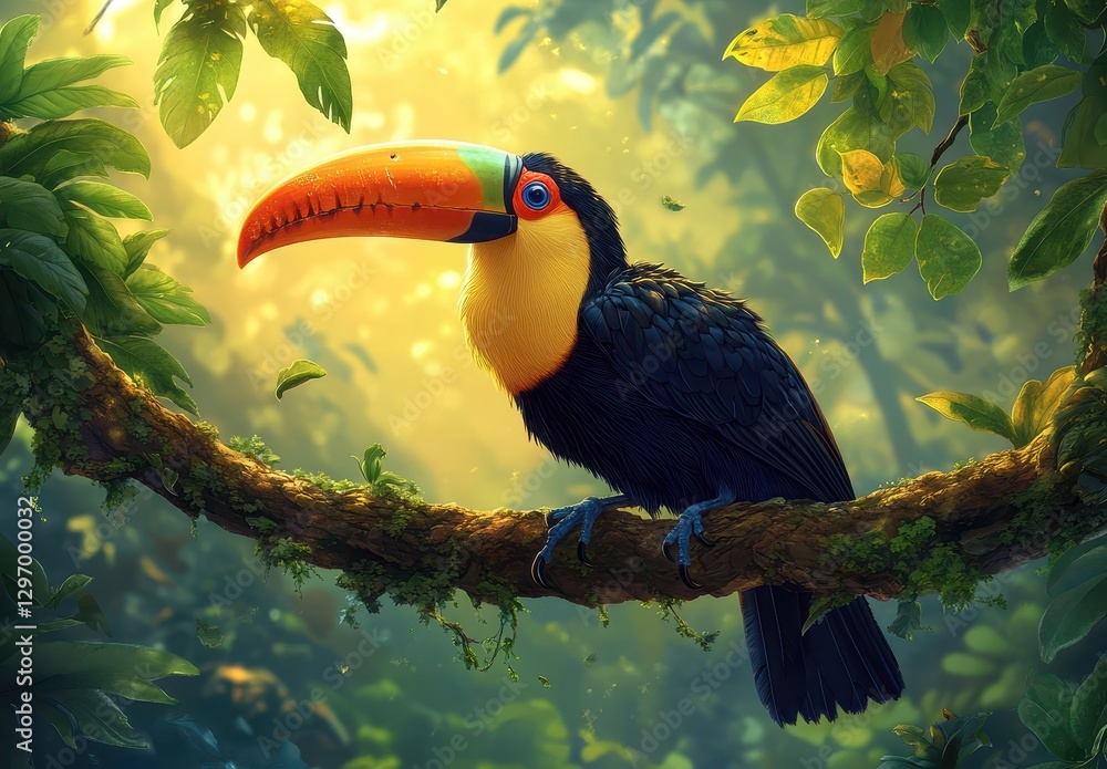 Poster vibrant toucan perched on a branch surrounded by lush greenery in a brightly lit rainforest setting 