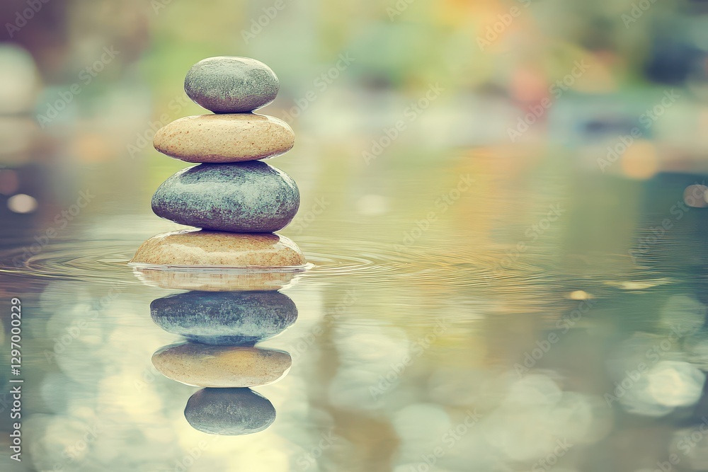 Poster serene stacked stones in tranquil water with reflections and soft background bokeh